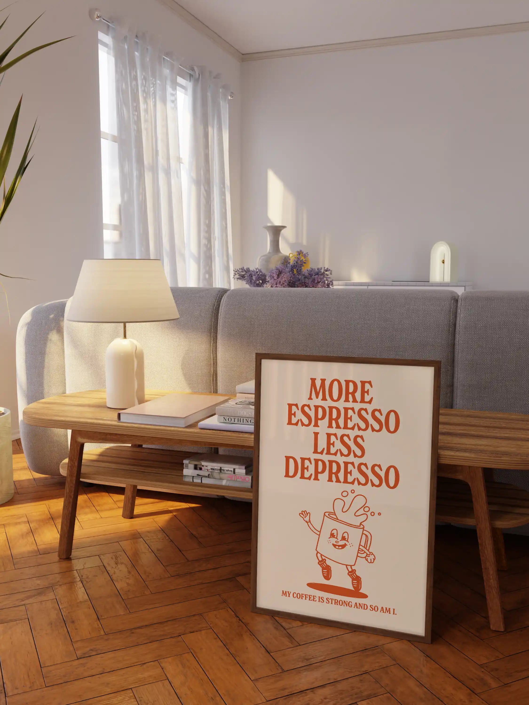 More Espresso Less Depresso Coffee Poster in Orange