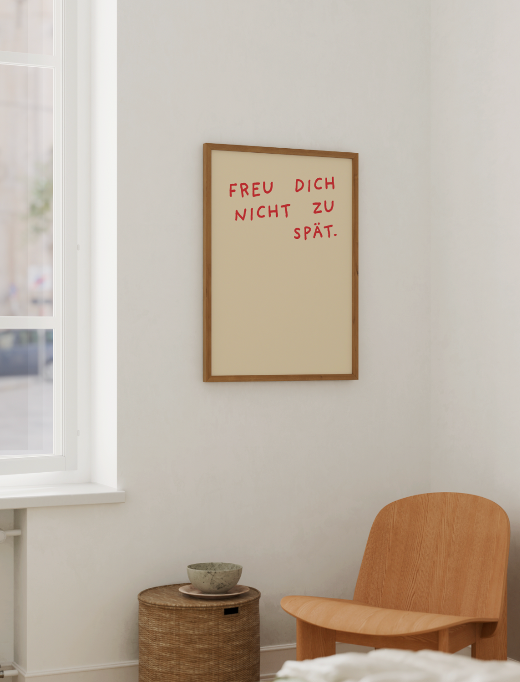 "Freu dich nicht zu spät" Poster in buttergelb-rot