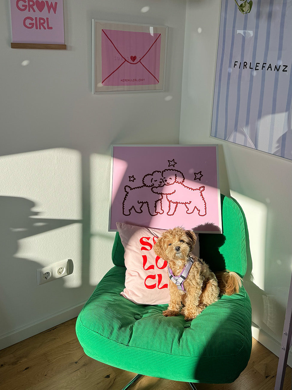 Hunde Illustration Poster in Rosa-Rot