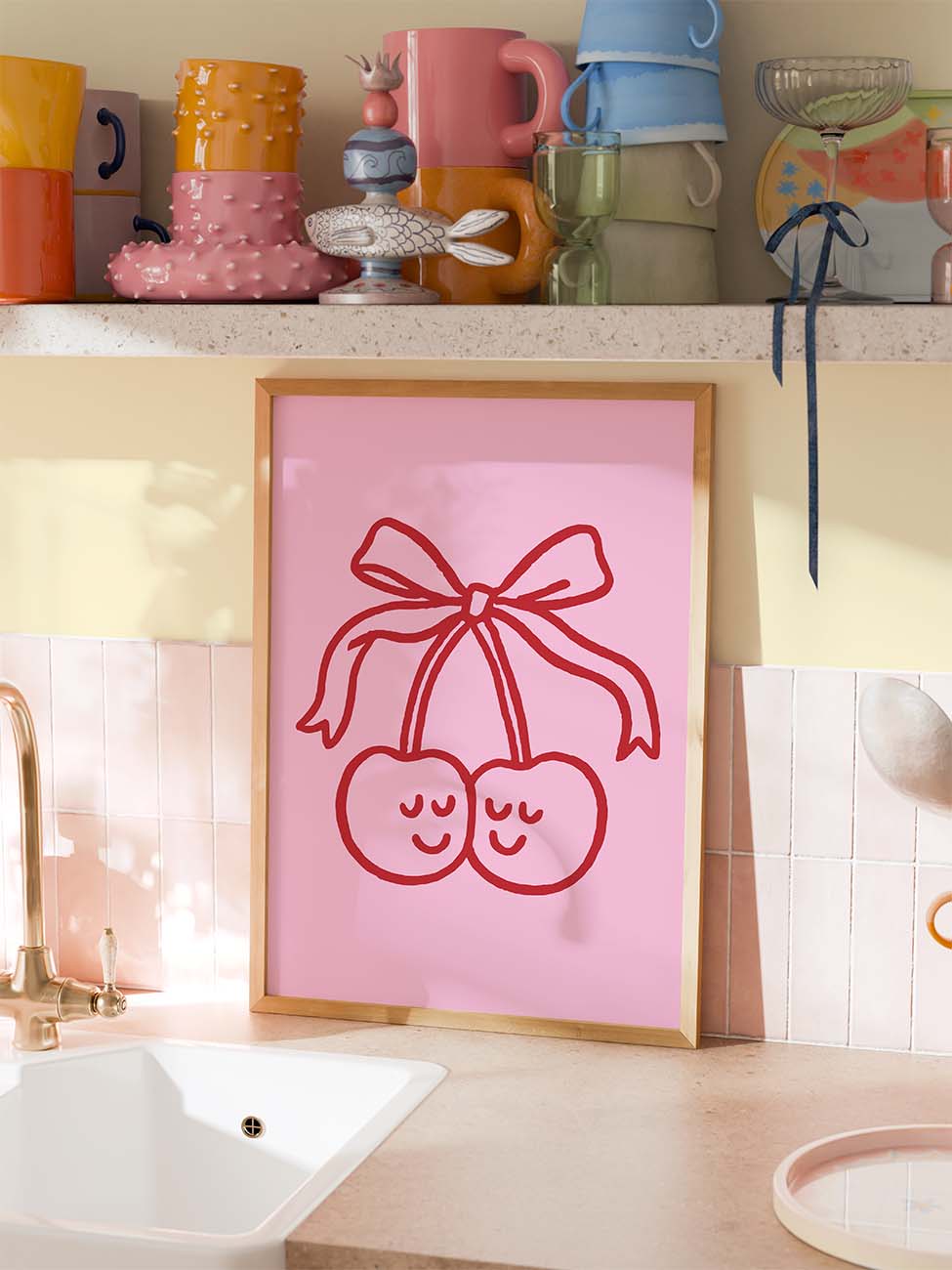 Kirschen Illustrationsposter in Rosa-Rot