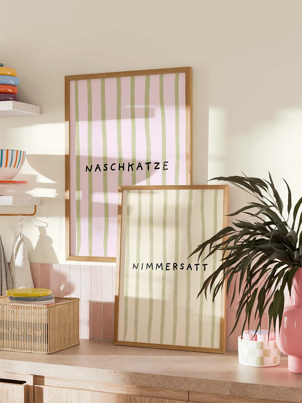 Nimmersatt Streifenposter in Oliv-Creme