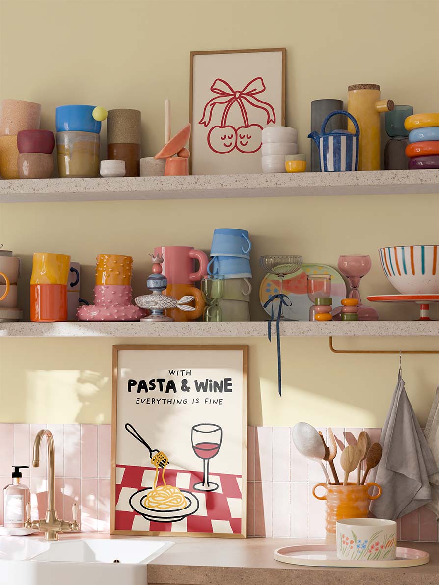 Pasta & Wine Poster in Rot-Kariert